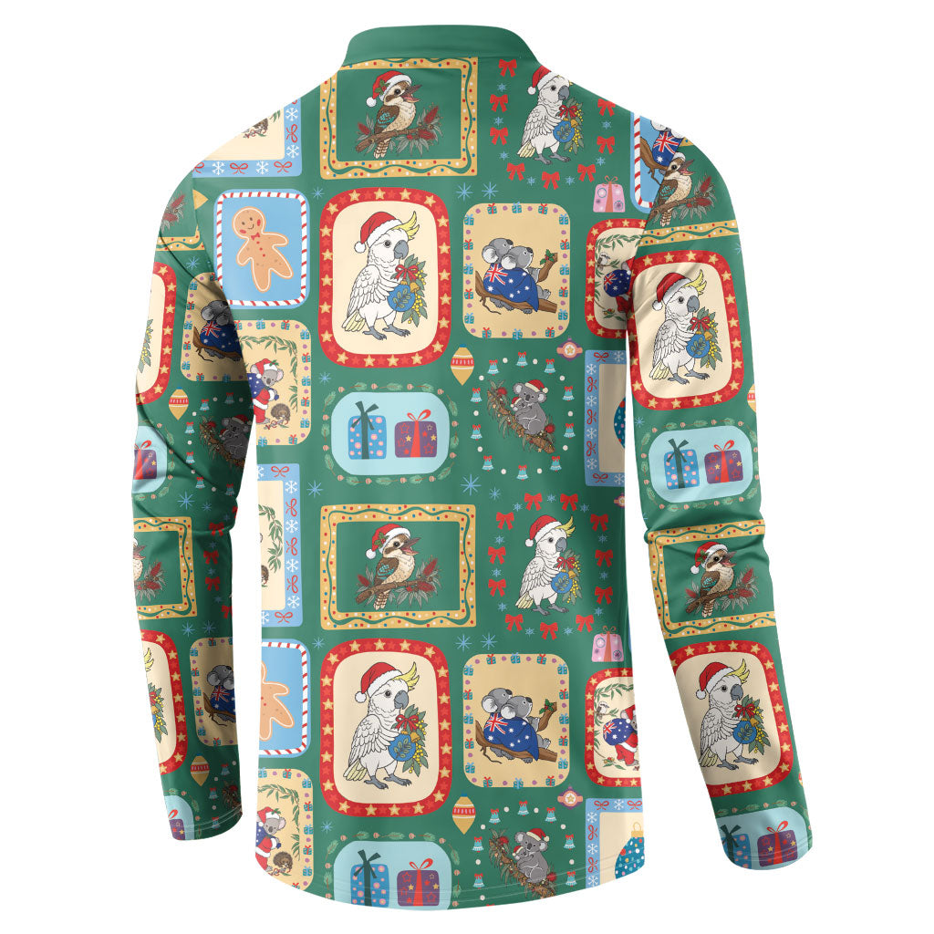 Australia Wildlife Christmas Stamp Button Sweatshirt Green Aussie Native Animal Seamless Pattern