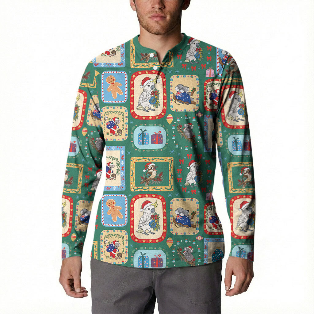 Australia Wildlife Christmas Stamp Button Sweatshirt Green Aussie Native Animal Seamless Pattern