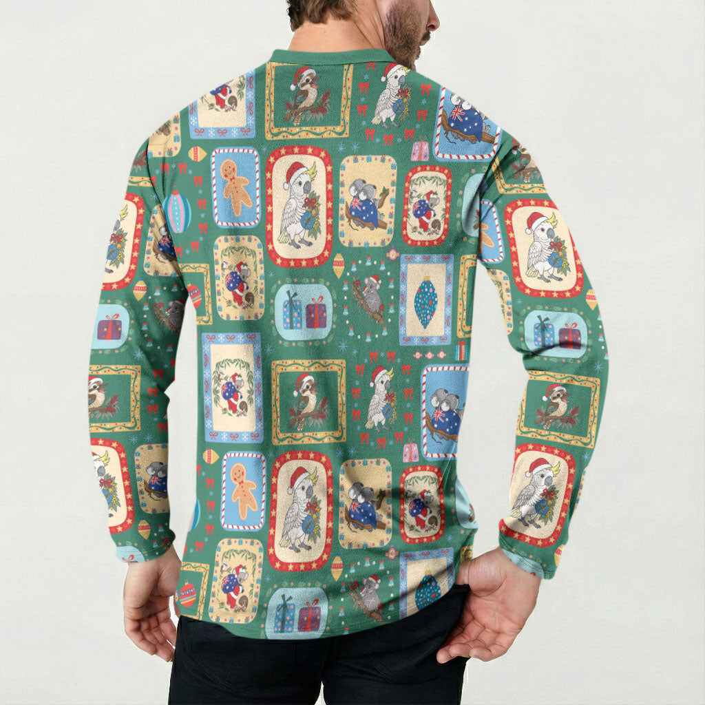 Australia Wildlife Christmas Stamp Button Sweatshirt Green Aussie Native Animal Seamless Pattern