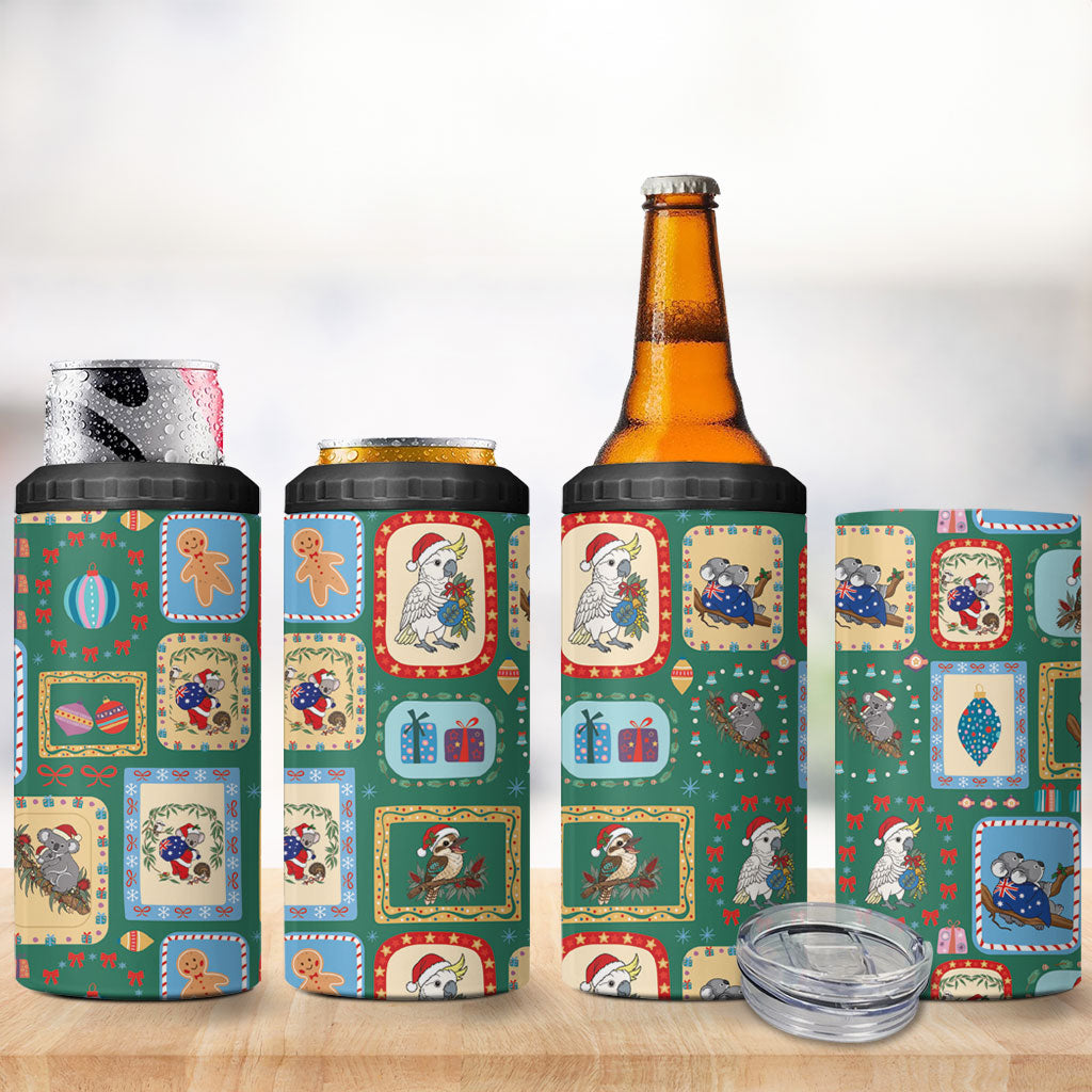 Australia Wildlife Christmas Stamp 4 in 1 Can Cooler Tumbler Green Aussie Native Animal Seamless Pattern