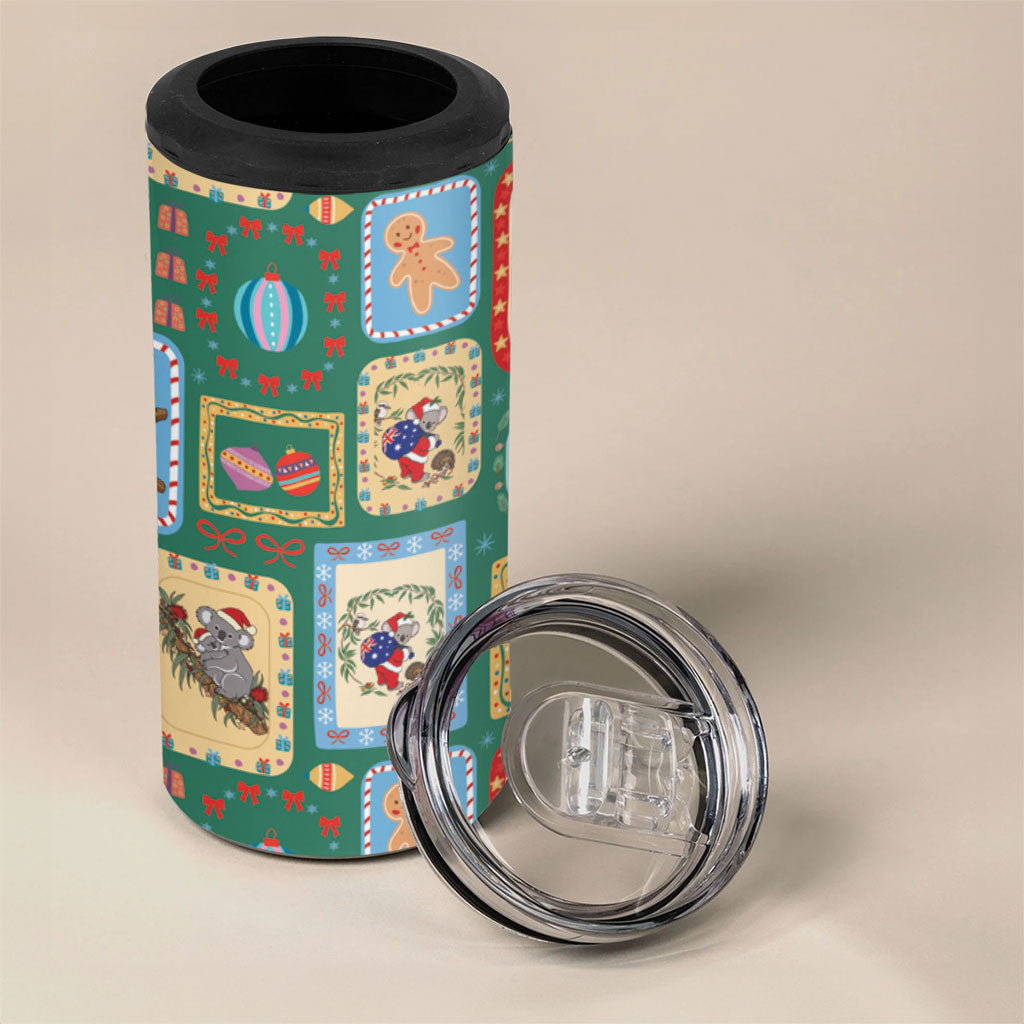 Australia Wildlife Christmas Stamp 4 in 1 Can Cooler Tumbler Green Aussie Native Animal Seamless Pattern