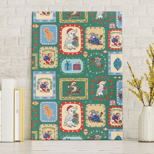Australia Wildlife Christmas Stamp Canvas Wall Art Green Aussie Native Animal Seamless Pattern