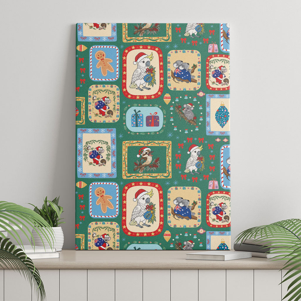 Australia Wildlife Christmas Stamp Canvas Wall Art Green Aussie Native Animal Seamless Pattern