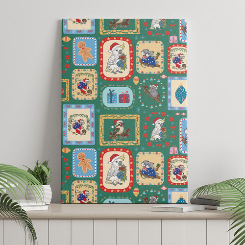 Australia Wildlife Christmas Stamp Canvas Wall Art Green Aussie Native Animal Seamless Pattern