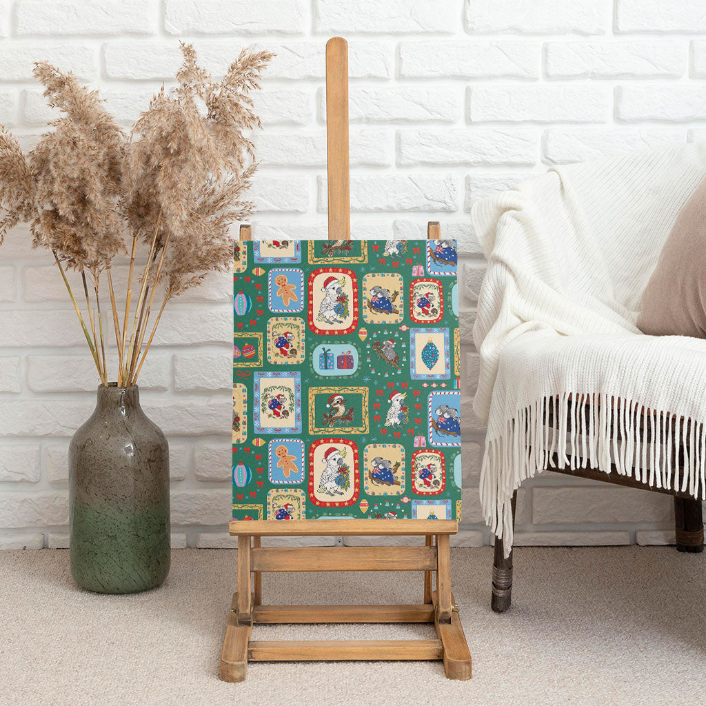 Australia Wildlife Christmas Stamp Canvas Wall Art Green Aussie Native Animal Seamless Pattern