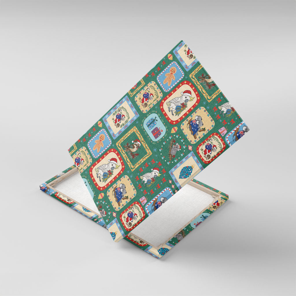 Australia Wildlife Christmas Stamp Canvas Wall Art Green Aussie Native Animal Seamless Pattern