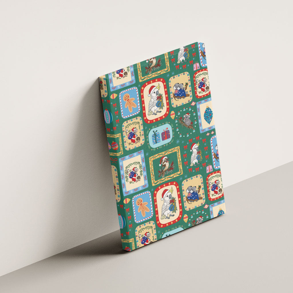 Australia Wildlife Christmas Stamp Canvas Wall Art Green Aussie Native Animal Seamless Pattern