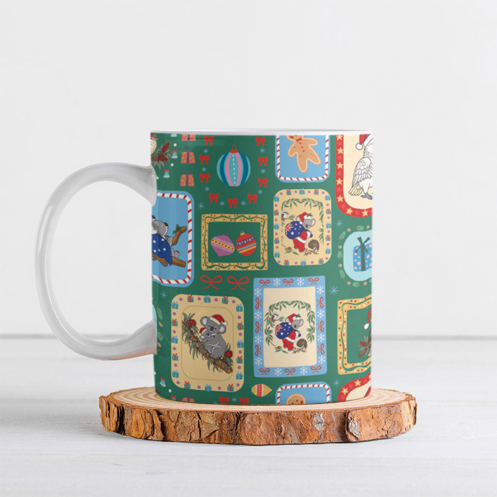 Australia Wildlife Christmas Stamp Ceramic Mug Green Aussie Native Animal Seamless Pattern