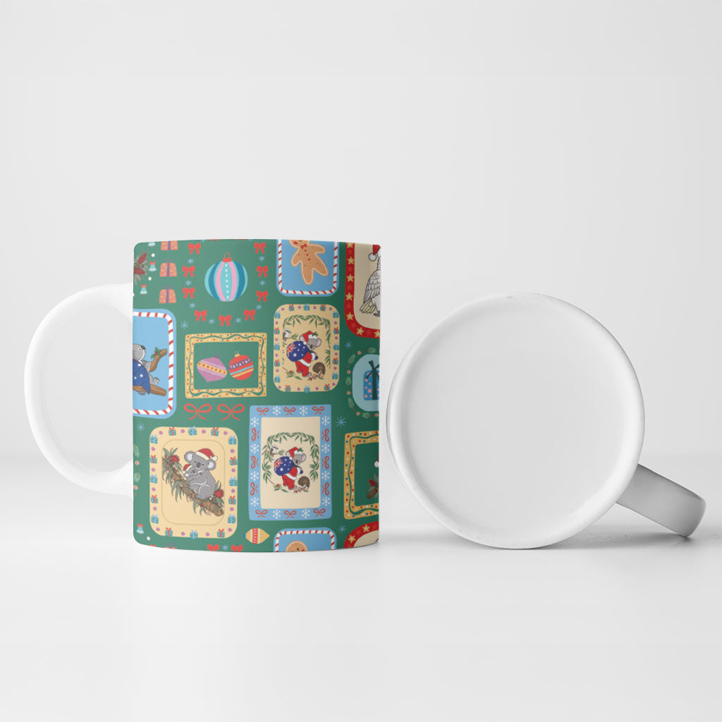 Australia Wildlife Christmas Stamp Ceramic Mug Green Aussie Native Animal Seamless Pattern