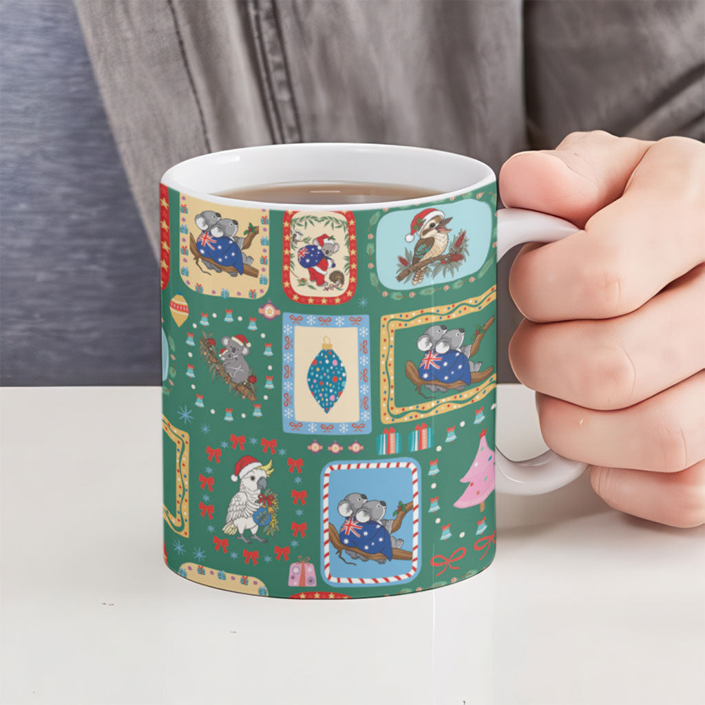 Australia Wildlife Christmas Stamp Ceramic Mug Green Aussie Native Animal Seamless Pattern
