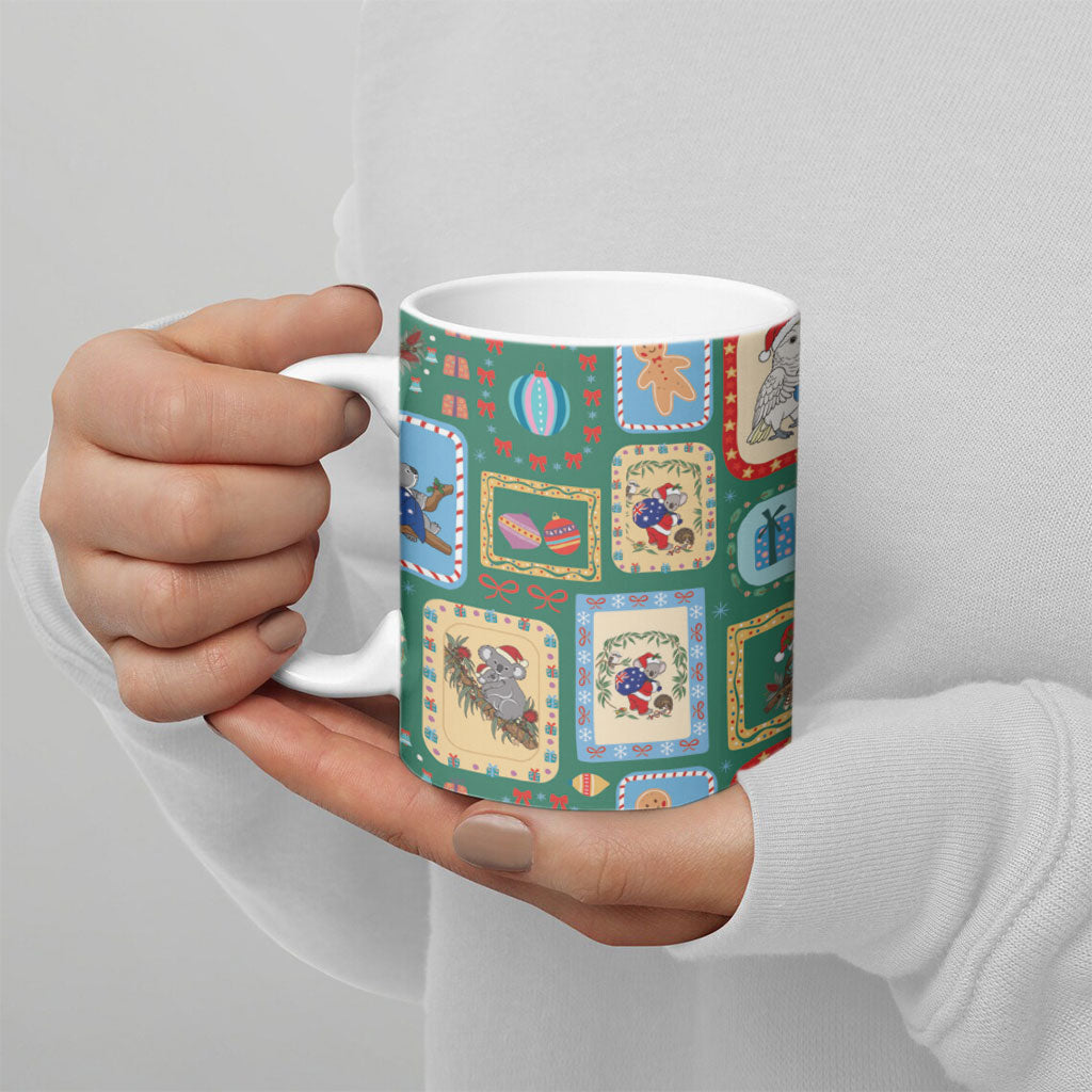Australia Wildlife Christmas Stamp Ceramic Mug Green Aussie Native Animal Seamless Pattern