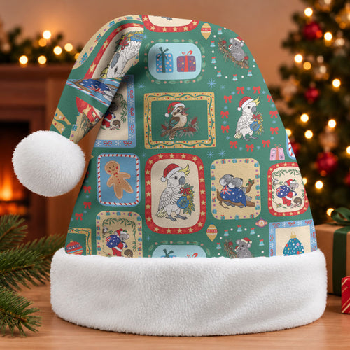 Australia Wildlife Christmas Stamps Christmas Santa Hat Green Aussie Native Animal Seamless Pattern