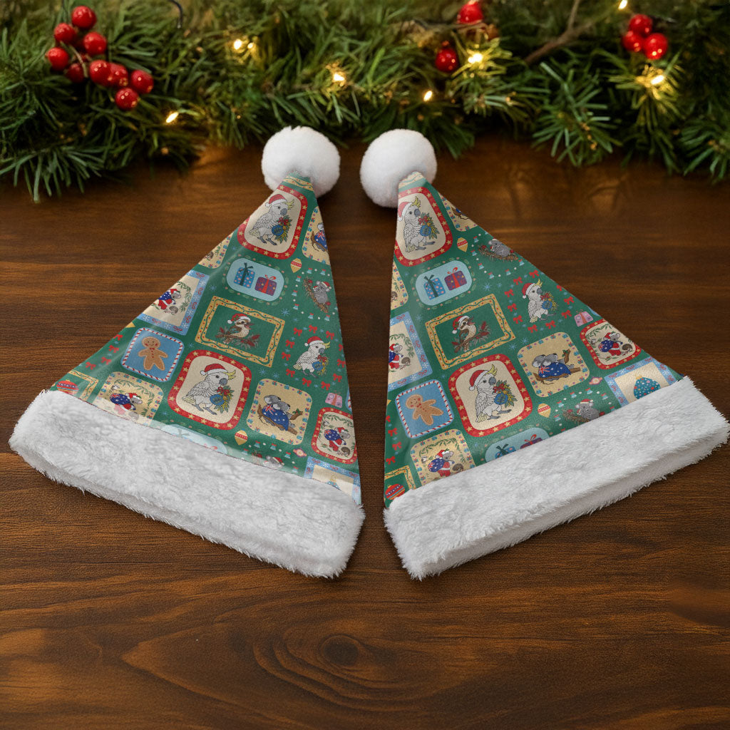 Australia Wildlife Christmas Stamps Christmas Santa Hat Green Aussie Native Animal Seamless Pattern