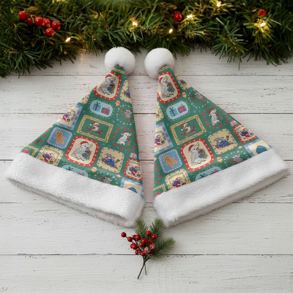 Australia Wildlife Christmas Stamps Christmas Santa Hat Green Aussie Native Animal Seamless Pattern