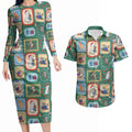 Australia Wildlife Christmas Stamp Couples Matching Long Sleeve Bodycon Dress and Hawaiian Shirt Green Aussie Native Animal Seamless Pattern