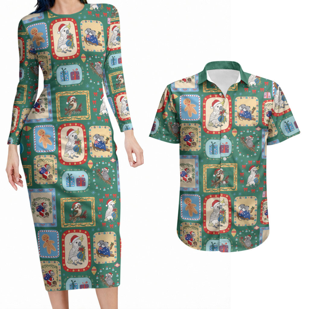 Australia Wildlife Christmas Stamp Couples Matching Long Sleeve Bodycon Dress and Hawaiian Shirt Green Aussie Native Animal Seamless Pattern