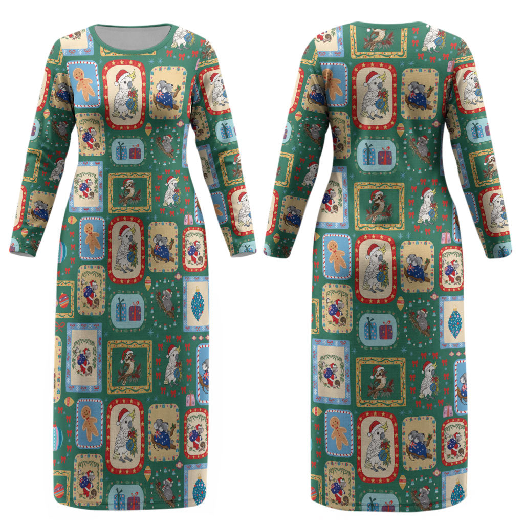 Australia Wildlife Christmas Stamp Couples Matching Long Sleeve Bodycon Dress and Hawaiian Shirt Green Aussie Native Animal Seamless Pattern