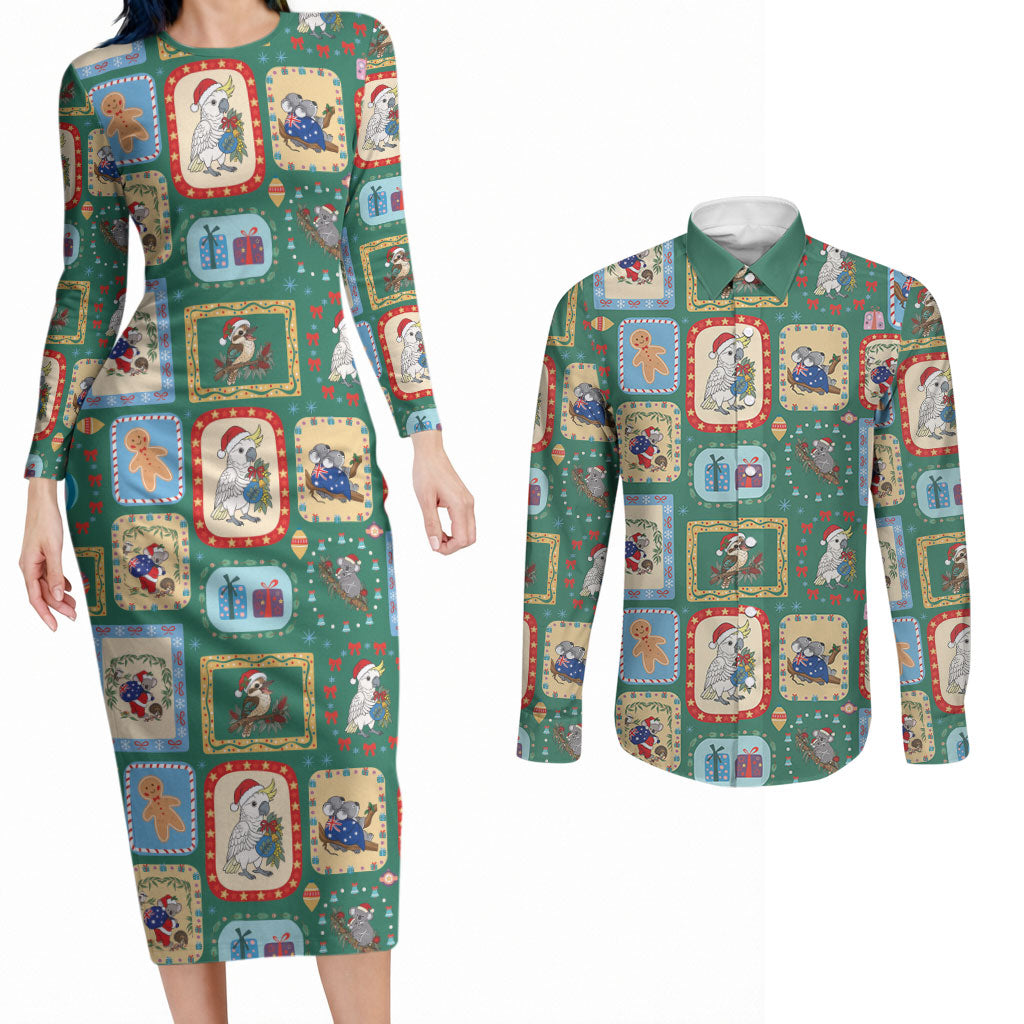 Australia Wildlife Christmas Stamp Couples Matching Long Sleeve Bodycon Dress and Long Sleeve Button Shirt Green Aussie Native Animal Seamless Pattern