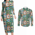 Australia Wildlife Christmas Stamp Couples Matching Long Sleeve Bodycon Dress and Long Sleeve Button Shirt Green Aussie Native Animal Seamless Pattern