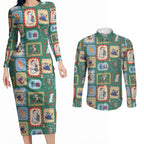 Australia Wildlife Christmas Stamp Couples Matching Long Sleeve Bodycon Dress and Long Sleeve Button Shirt Green Aussie Native Animal Seamless Pattern