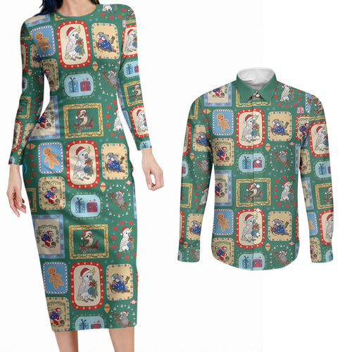 Australia Wildlife Christmas Stamp Couples Matching Long Sleeve Bodycon Dress and Long Sleeve Button Shirt Green Aussie Native Animal Seamless Pattern