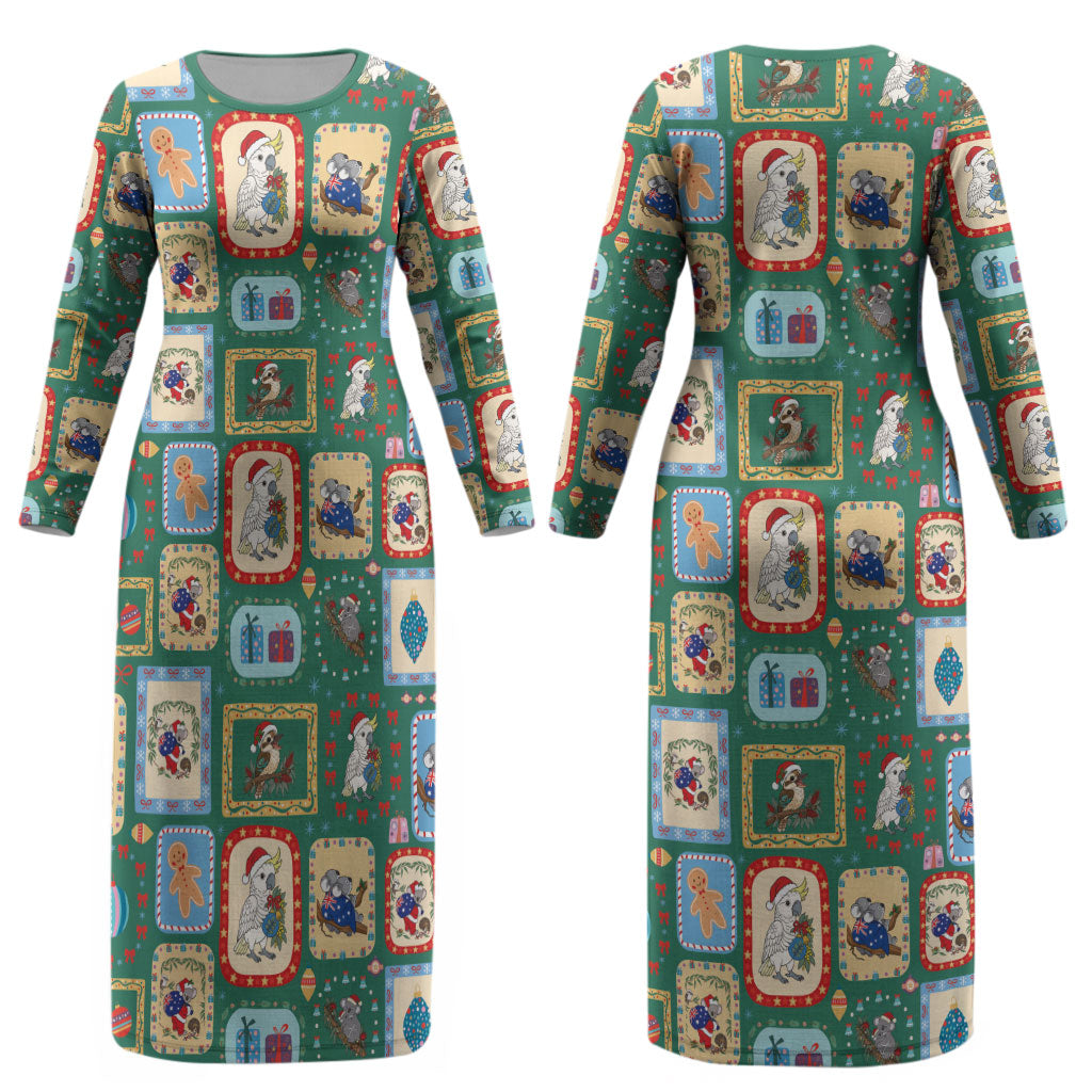 Australia Wildlife Christmas Stamp Couples Matching Long Sleeve Bodycon Dress and Long Sleeve Button Shirt Green Aussie Native Animal Seamless Pattern