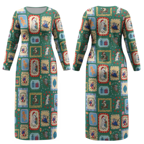 Australia Wildlife Christmas Stamp Couples Matching Long Sleeve Bodycon Dress and Long Sleeve Button Shirt Green Aussie Native Animal Seamless Pattern