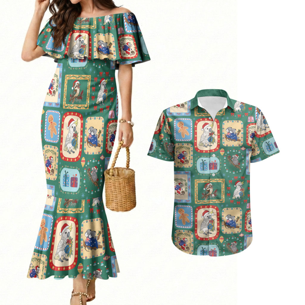 Australia Wildlife Christmas Stamp Couples Matching Mermaid Dress and Hawaiian Shirt Green Aussie Native Animal Seamless Pattern