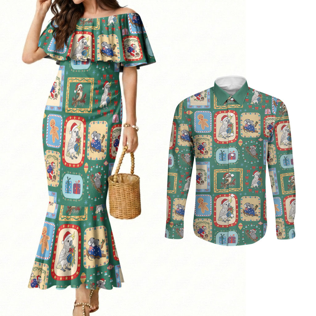Australia Wildlife Christmas Stamp Couples Matching Mermaid Dress and Long Sleeve Button Shirt Green Aussie Native Animal Seamless Pattern