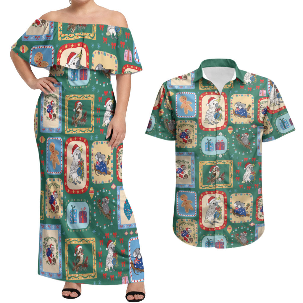 Australia Wildlife Christmas Stamp Couples Matching Off Shoulder Maxi Dress and Hawaiian Shirt Green Aussie Native Animal Seamless Pattern