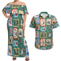Australia Wildlife Christmas Stamp Couples Matching Off Shoulder Maxi Dress and Hawaiian Shirt Green Aussie Native Animal Seamless Pattern