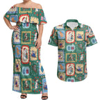 Australia Wildlife Christmas Stamp Couples Matching Off Shoulder Maxi Dress and Hawaiian Shirt Green Aussie Native Animal Seamless Pattern