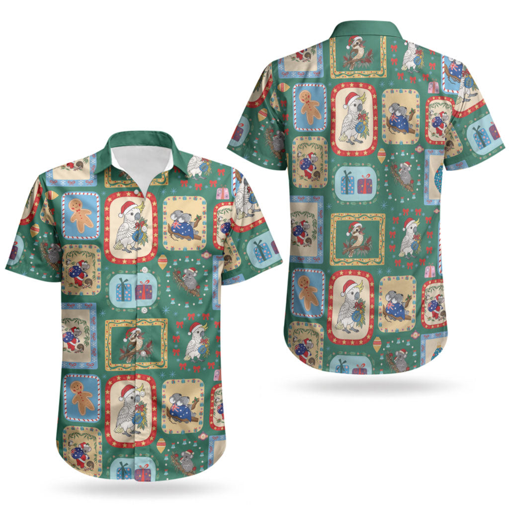 Australia Wildlife Christmas Stamp Couples Matching Off Shoulder Maxi Dress and Hawaiian Shirt Green Aussie Native Animal Seamless Pattern