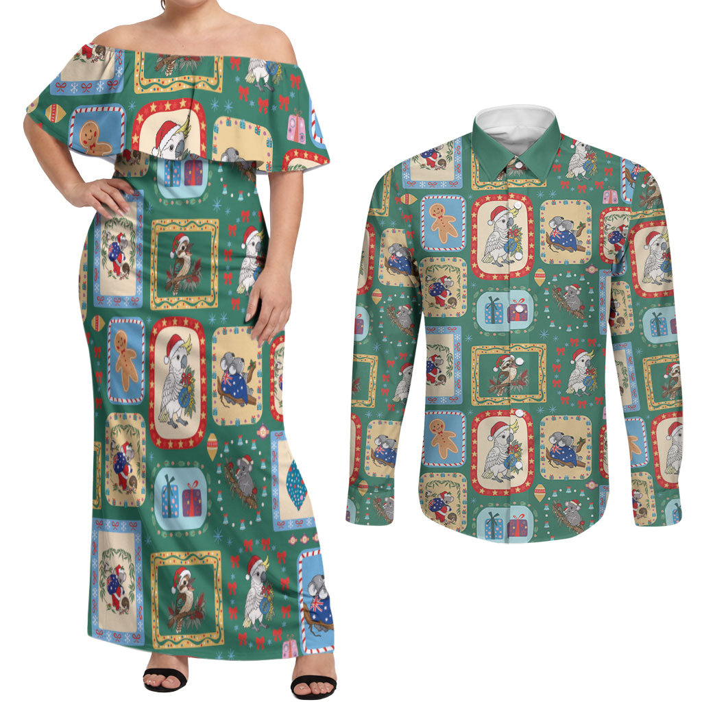 Australia Wildlife Christmas Stamp Couples Matching Off Shoulder Maxi Dress and Long Sleeve Button Shirt Green Aussie Native Animal Seamless Pattern