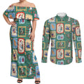 Australia Wildlife Christmas Stamp Couples Matching Off Shoulder Maxi Dress and Long Sleeve Button Shirt Green Aussie Native Animal Seamless Pattern