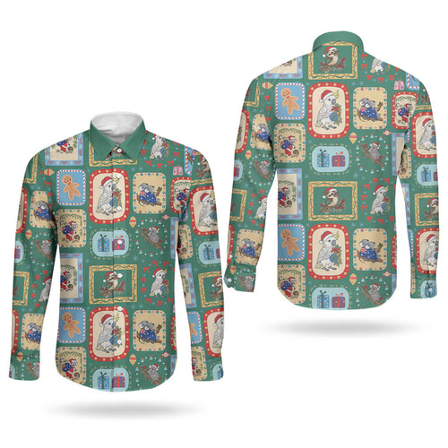 Australia Wildlife Christmas Stamp Couples Matching Off Shoulder Maxi Dress and Long Sleeve Button Shirt Green Aussie Native Animal Seamless Pattern