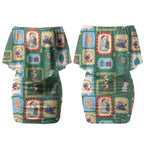 Australia Wildlife Christmas Stamp Couples Matching Off Shoulder Short Dress and Hawaiian Shirt Green Aussie Native Animal Seamless Pattern