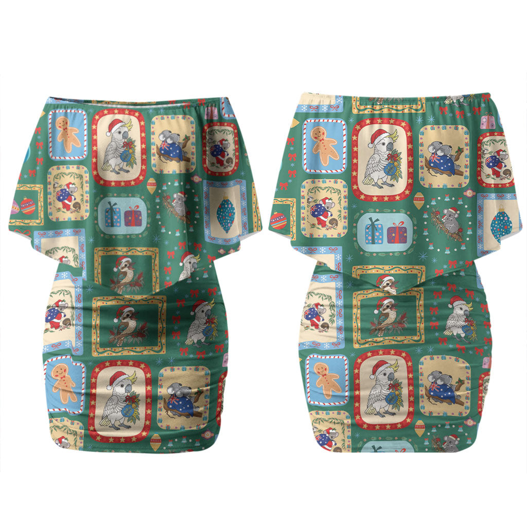 Australia Wildlife Christmas Stamp Couples Matching Off Shoulder Short Dress and Hawaiian Shirt Green Aussie Native Animal Seamless Pattern