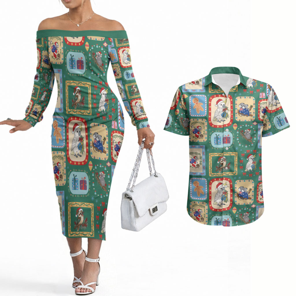 Australia Wildlife Christmas Stamp Couples Matching Off The Shoulder Long Sleeve Dress and Hawaiian Shirt Green Aussie Native Animal Seamless Pattern