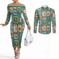 Australia Wildlife Christmas Stamp Couples Matching Off The Shoulder Long Sleeve Dress and Long Sleeve Button Shirt Green Aussie Native Animal Seamless Pattern