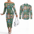 Australia Wildlife Christmas Stamp Couples Matching Off The Shoulder Long Sleeve Dress and Long Sleeve Button Shirt Green Aussie Native Animal Seamless Pattern