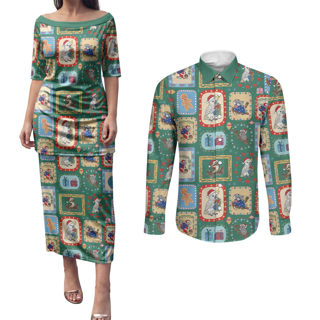 Australia Wildlife Christmas Stamp Couples Matching Puletasi and Long Sleeve Button Shirt Green Aussie Native Animal Seamless Pattern