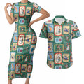 Australia Wildlife Christmas Stamp Couples Matching Short Sleeve Bodycon Dress and Hawaiian Shirt Green Aussie Native Animal Seamless Pattern