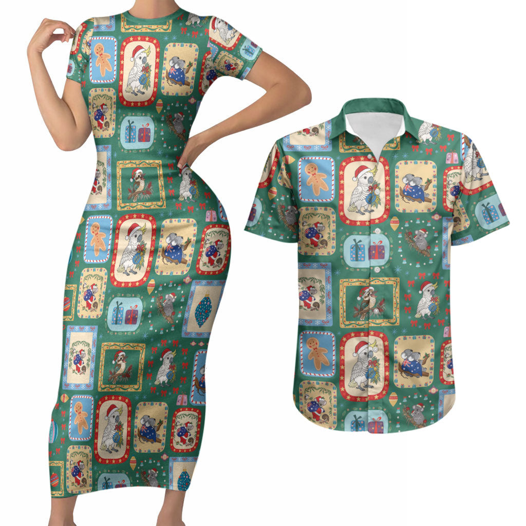 Australia Wildlife Christmas Stamp Couples Matching Short Sleeve Bodycon Dress and Hawaiian Shirt Green Aussie Native Animal Seamless Pattern