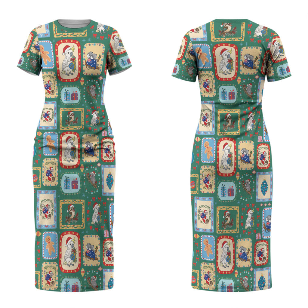 Australia Wildlife Christmas Stamp Couples Matching Short Sleeve Bodycon Dress and Hawaiian Shirt Green Aussie Native Animal Seamless Pattern