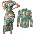 Australia Wildlife Christmas Stamp Couples Matching Short Sleeve Bodycon Dress and Long Sleeve Button Shirt Green Aussie Native Animal Seamless Pattern