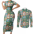 Australia Wildlife Christmas Stamp Couples Matching Short Sleeve Bodycon Dress and Long Sleeve Button Shirt Green Aussie Native Animal Seamless Pattern
