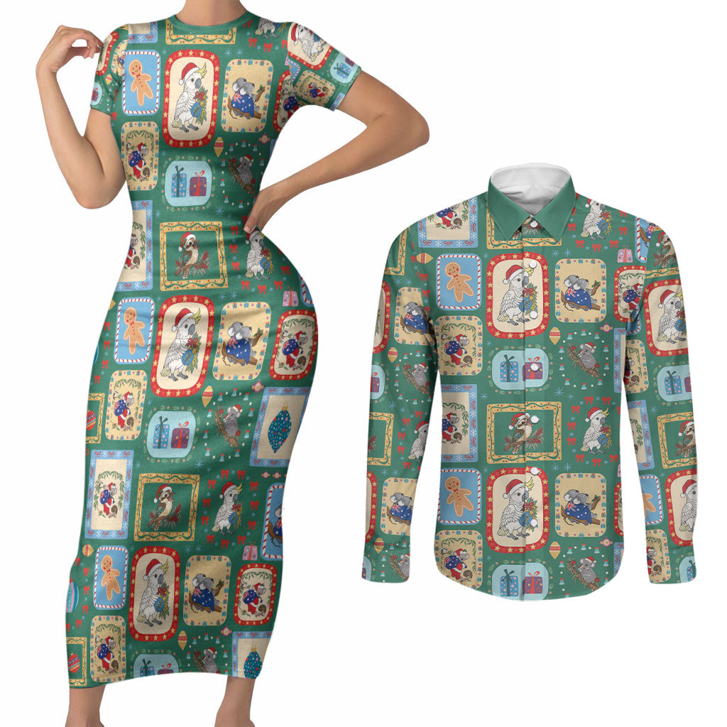 Australia Wildlife Christmas Stamp Couples Matching Short Sleeve Bodycon Dress and Long Sleeve Button Shirt Green Aussie Native Animal Seamless Pattern