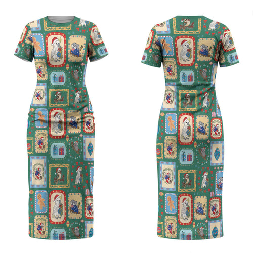 Australia Wildlife Christmas Stamp Couples Matching Short Sleeve Bodycon Dress and Long Sleeve Button Shirt Green Aussie Native Animal Seamless Pattern