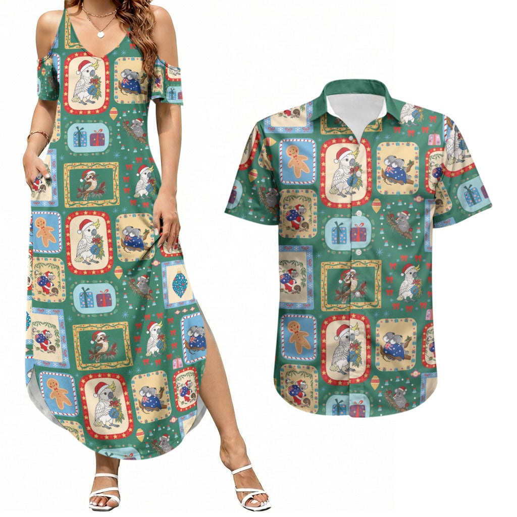 Australia Wildlife Christmas Stamp Couples Matching Summer Maxi Dress and Hawaiian Shirt Green Aussie Native Animal Seamless Pattern